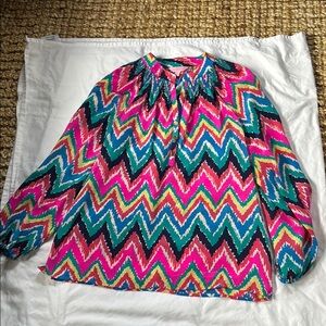 Lilly Pulitzer Pink and Blue Graphic Bib Collar Blouse